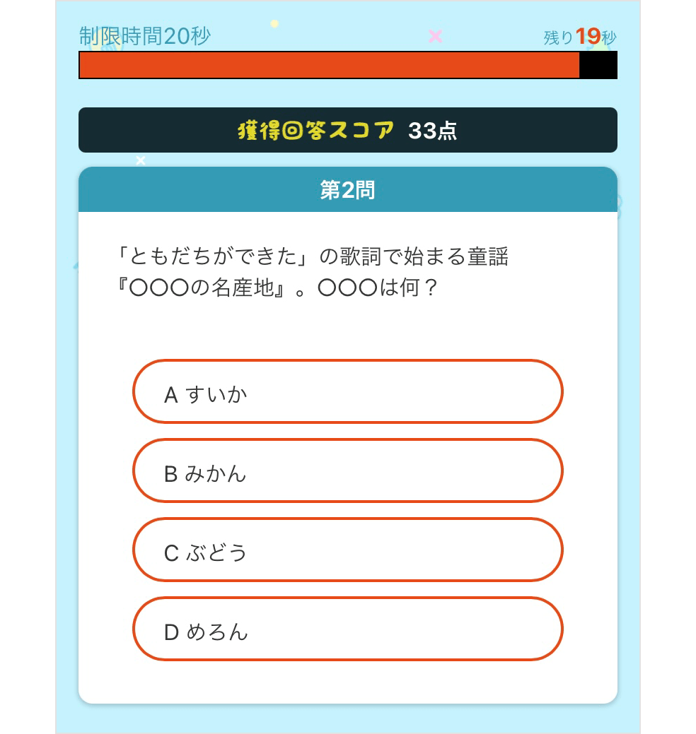第2問 「ともだちができた」の歌詞で始まる童謡『〇〇〇の名産地』。〇〇〇は何? A すいか、B みかん、C ぶどう、D めろん