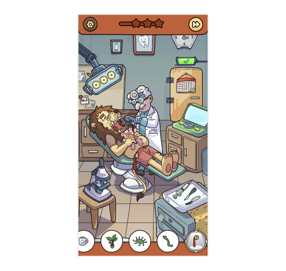 画像:「Find Out」ゲーム画面。「歯医者」がテーマのイラスト。