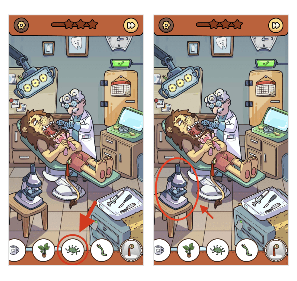 画像:イラスト下部の探すべきアイテム一覧。そのうちのひとつに「微生物」があり、イラスト内には顕微鏡がある。
