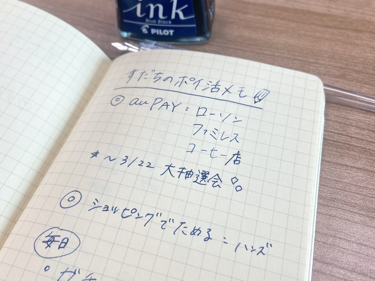 写真:<すだちが万年筆で書いたもの①>ポイ活メモ