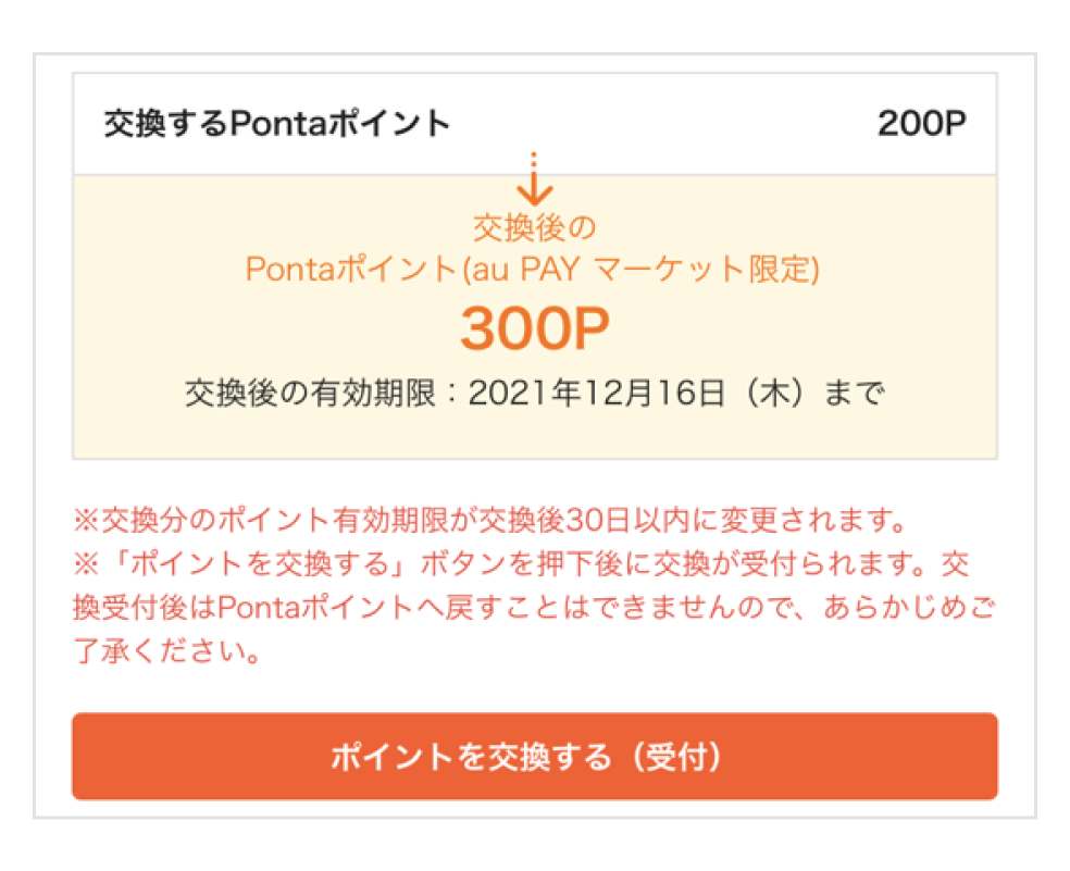 スマホ画面：交換Pontaポイント確認画面。「交換後のPontaポイント（au PAY マーケット限定）300P」の表示。「ポイントを交換する（受付）」ボタンをタップ