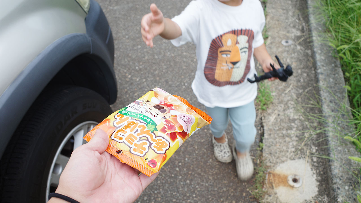 写真：お試し引換券でGETしたお菓子を子どもにプレゼント