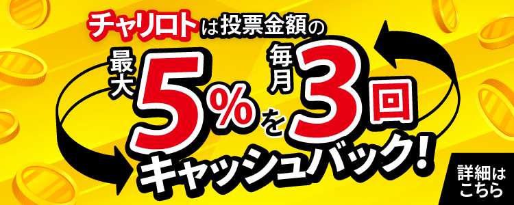 チャリロトは投票全額の最大5%を毎月3回キャッシュバック！詳細はこちら