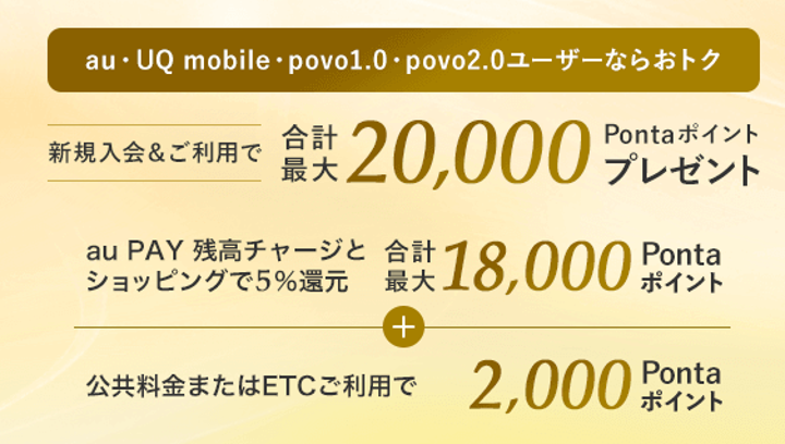 画像:<au・UQ mobile・povo1.0・povo2.0ユーザー向けの初回入会特典>新規入会&ご利用で合計最大20,000Pontaポイントプレゼント→内訳:au PAY 残高チャージとショッピングで5%還元:合計最大18,000Pontaポイント+公共料金またはETCご利用で2,000Pontaポイント
