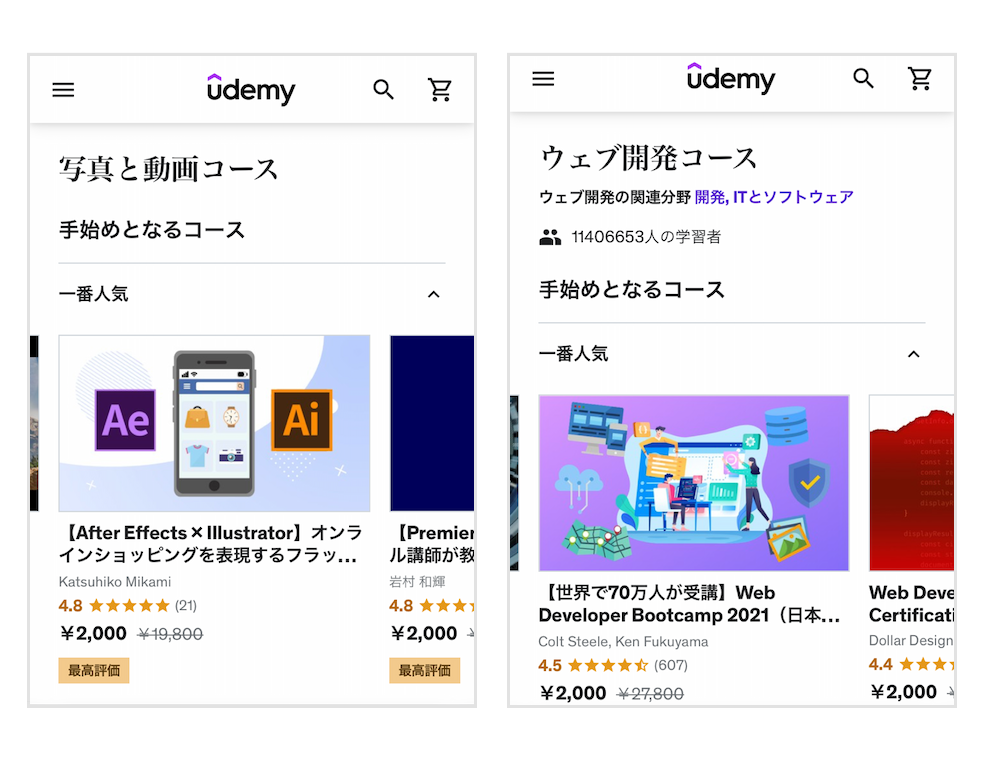 Udemyのオンライン講座の一例