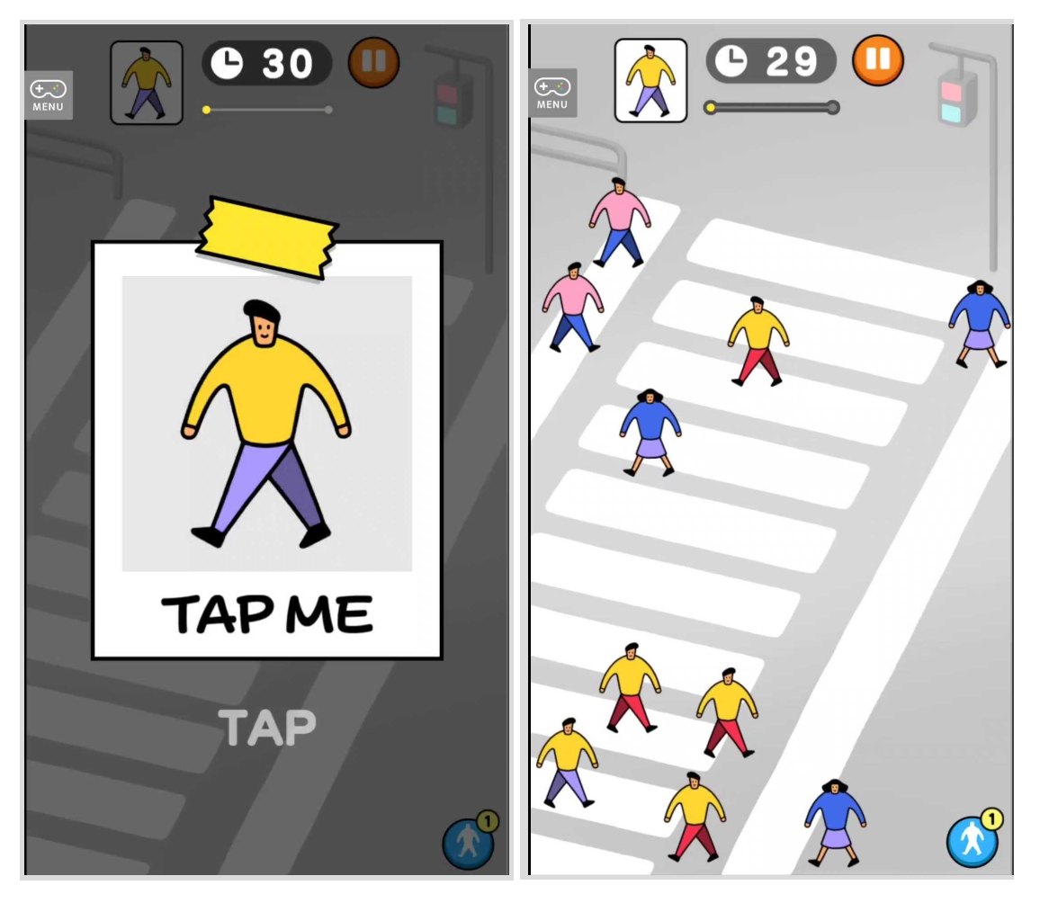 画像:「タップミー」トップ画面とゲームプレイ画面