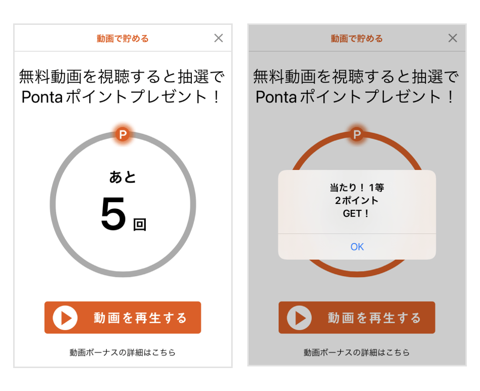 動画広告を5本見て1回の抽選に応募。抽選結果は、ハズレと1ポイントGETの2等、2ポイントGETの1等の3パターン