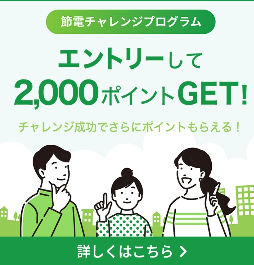 節電チャレンジプログラム エントリーして2,000ポイントGET!チャレンジ成功でさらにポイントもらえる!