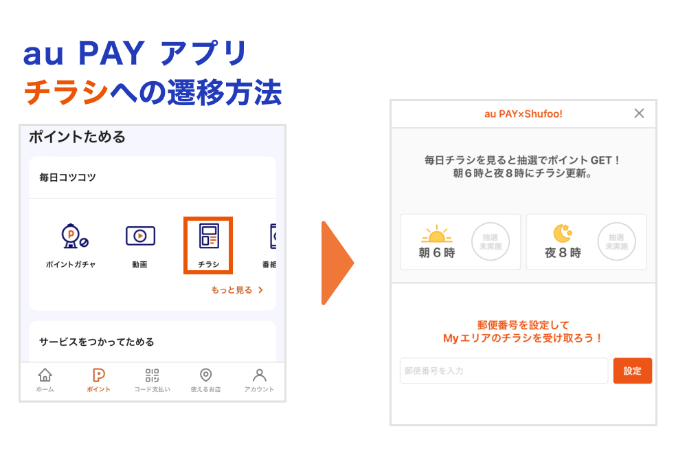 画像：＜au PAY アプリ「チラシ」への遷移方法＞au PAY アプリ「ポイント」ページ下部の「チラシ」をタップ→チラシトップページに遷移