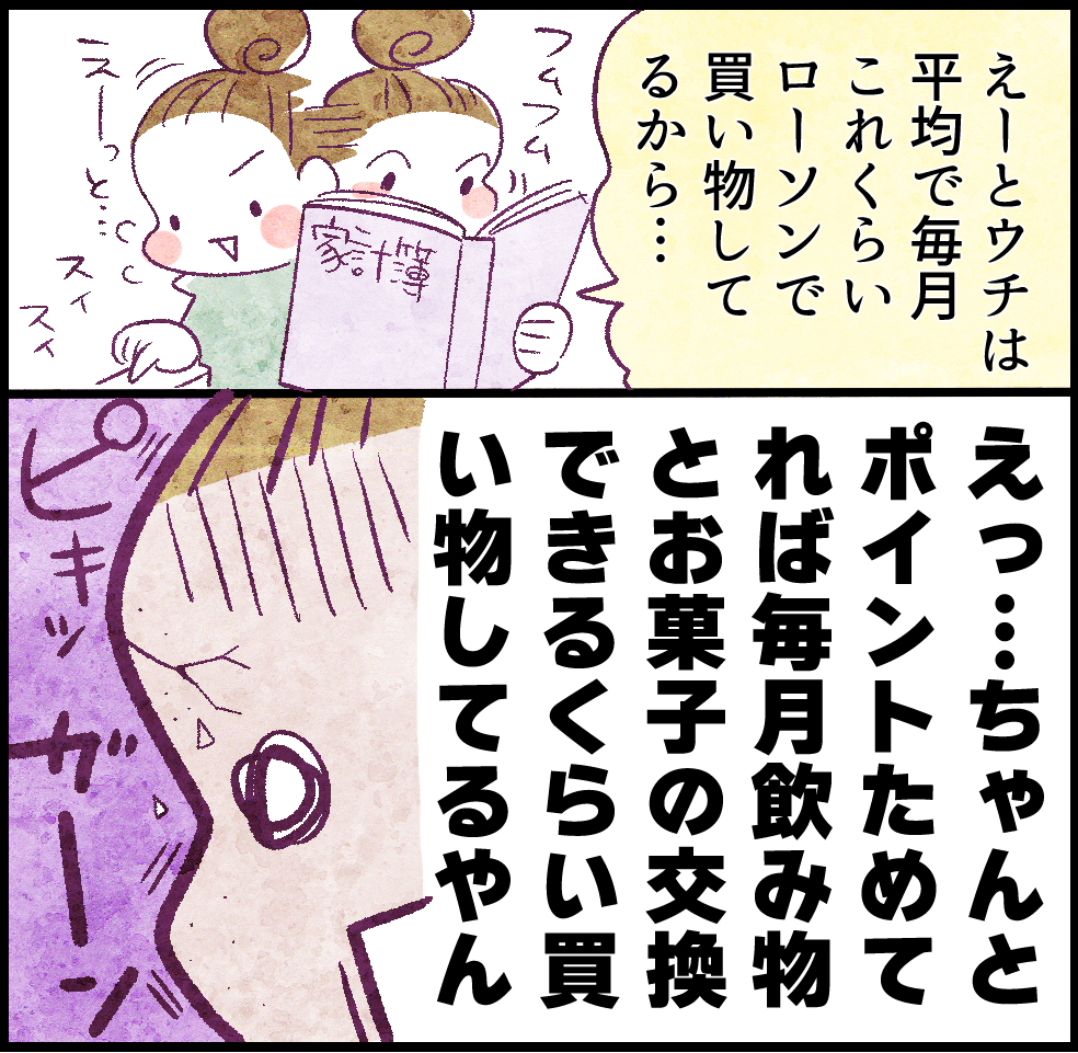 「えーと、ウチは平均で毎月これくらいローソンで買い物しているから…」
フムフム、えーっと、スィスィ
「えっ…ちゃんとポイントためてれば、毎月飲み物とお菓子の交換できるくらい買い物してるやん」
ピキッ、ガーン