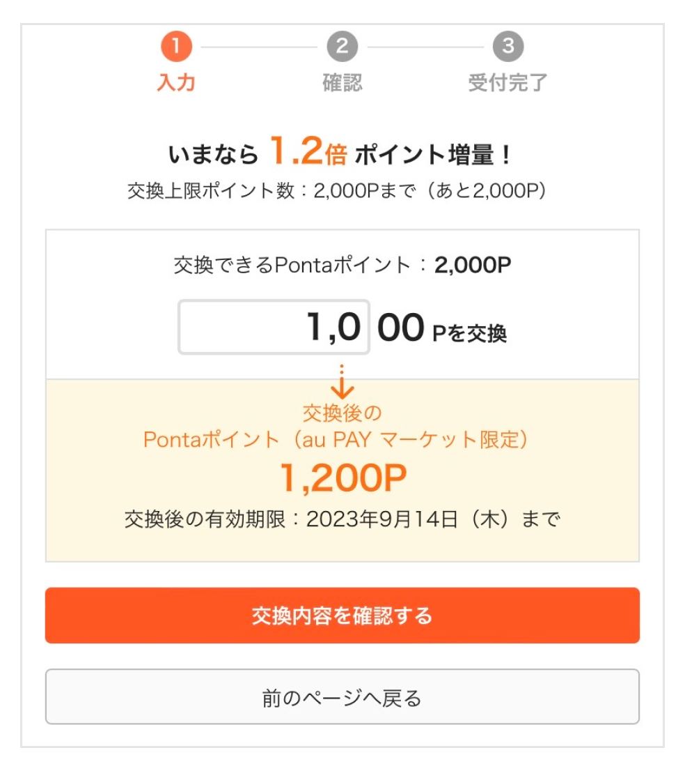 画像:<お得なポイント交換所 交換画面>1,000Pontaポイントを交換して1,200Pontaポイント(au PAY マーケット限定)に