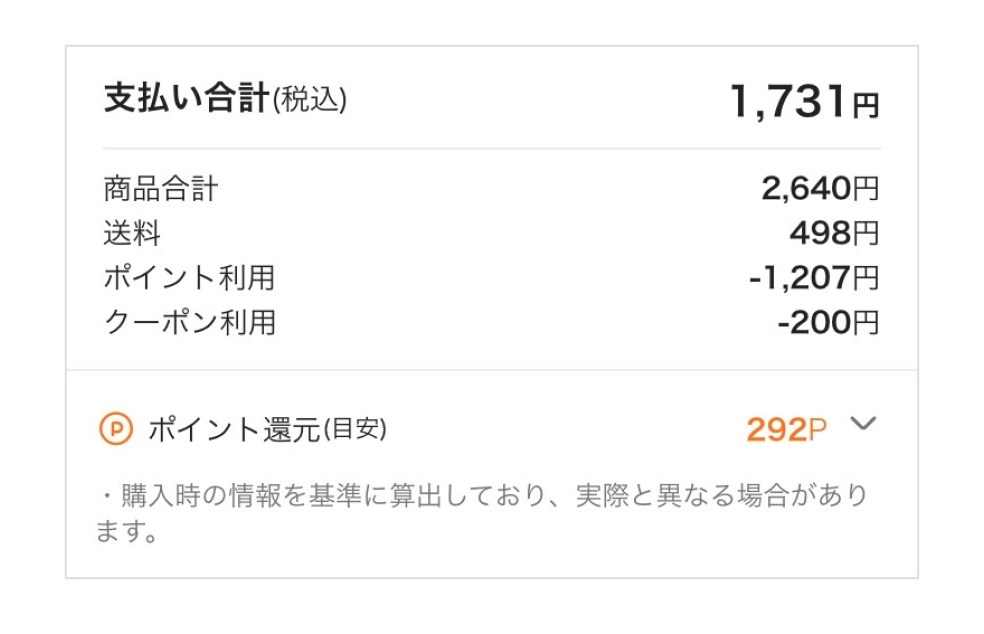 画像:<支払い合計金額>税込1,731円 <内訳>商品合計2,640円 送料498円 ポイント利用-1,207円 クーポン利用-200円 ポイント還元292P
