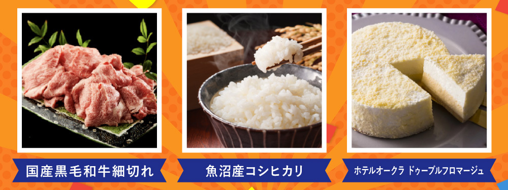 プレゼント対象商品の画像「黒毛和牛小間切れ 300g」「魚沼産コシヒカリ 2Kg」「ホテルオークラ ドゥーブルフロマージュ」