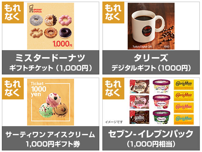 ミスタードーナツ ギフトチケット（1,000円)、タリーズデジタルギフト（1000円）、サーティワン アイスクリーム 1,000円ギフト券、セブン-イレブンパック（1,000円相当） 
