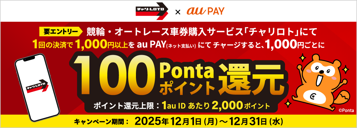 チャリ・ロト×au PAY キャンペーン。要エントリー。競輪・オートレース車券購入サービス「チャリロト」にて、1回の決済で1,000円以上をau PAY（ネット支払い）にてチャージすると、1,000円ごとに100 Pontaポイント還元。ポイント還元上限は1 au IDあたり2,000ポイント。キャンペーン期間：2025年12月1日（月）〜12月31日（水）。