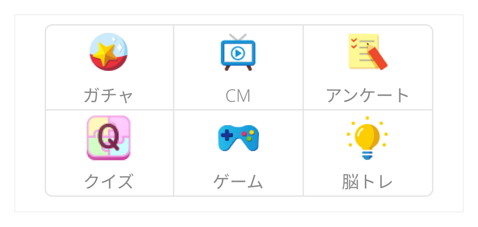 コンテンツ一覧
ガチャ、CM、アンケート、クイズ、ゲーム、脳トレ
