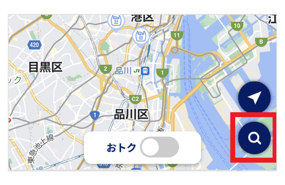 画像:地図画面右下の虫眼鏡マーク