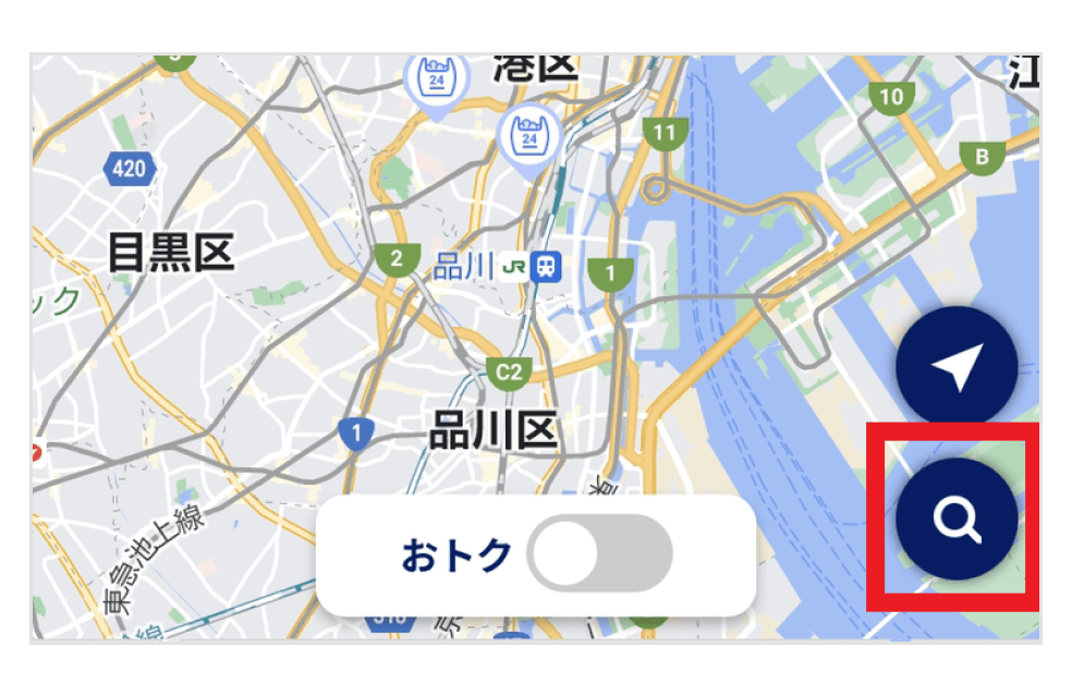 画像：地図画面右下の虫眼鏡マーク