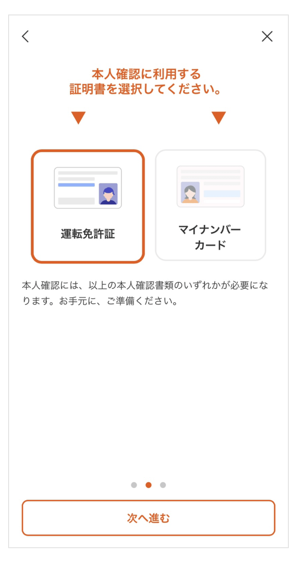 画像：本人確認書類の選択画面