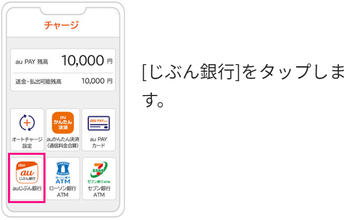 画像:au PAY アプリチャージ画面の「auじぶん銀行」ボタンをタップ