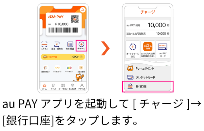 画像:au PAY アプリホームの「チャージ」ボタンをタップし、チャージ画面で「銀行口座」をタップ