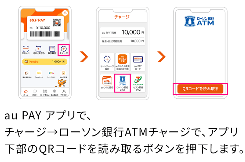 画像：＜au PAY アプリ画面＞au PAY アプリホーム画面の「チャージ」→「ローソン銀行ATM」ボタンをタップ→下部の「QRコードを読み取る」ボタンをタップ