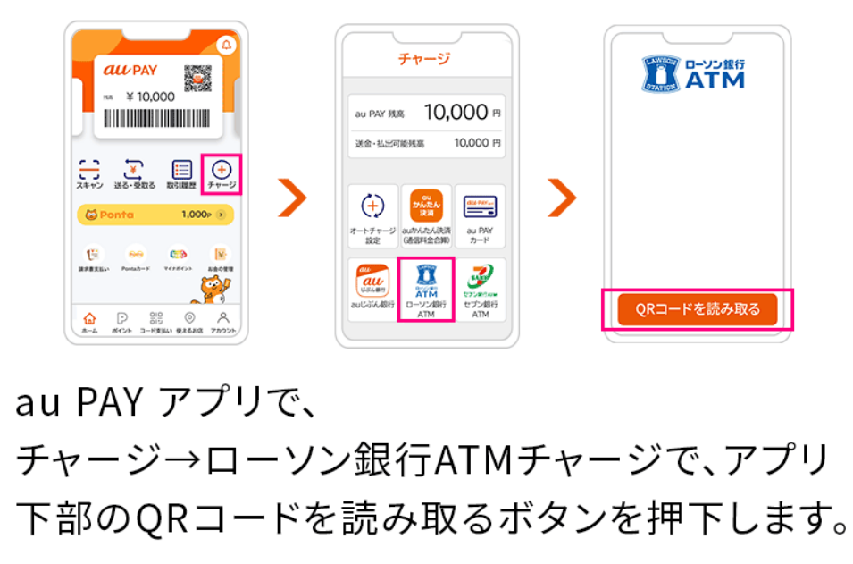 画像:<au PAY アプリ画面>au PAY アプリホーム画面の「チャージ」→「ローソン銀行ATM」ボタンをタップ→下部の「QRコードを読み取る」ボタンをタップ