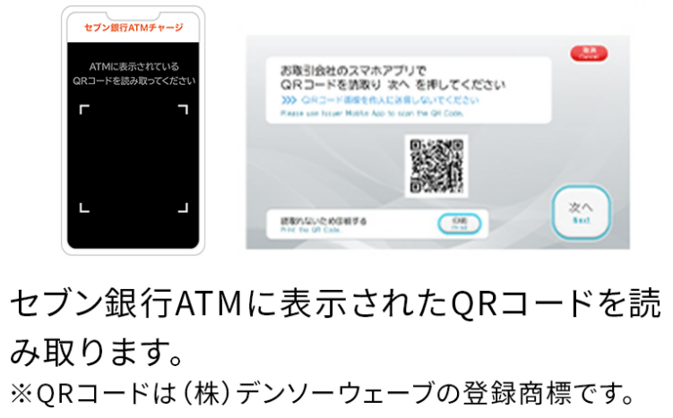 画像：＜スマホのQR読取画面／セブン銀行ATMのQRコード画面＞セブン銀行ATMに表示されたQRコードを読み取る