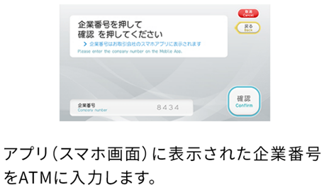 画像:<セブン銀行ATMの番号入力画面>アプリ(スマホ画面)に表示された企業番号をATMに入力