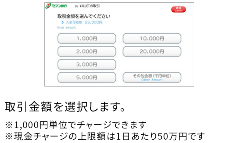 画像:<セブン銀行ATMの取引金額選択画面>取引金額を選択 ※1,000円単位でチャージ可能/現金チャージの上限額は1日あたり50万円