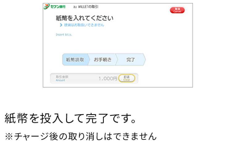 画像:<セブン銀行ATMの紙幣読取画面>紙幣を投入して完了 ※チャージ後の取り消しは不可